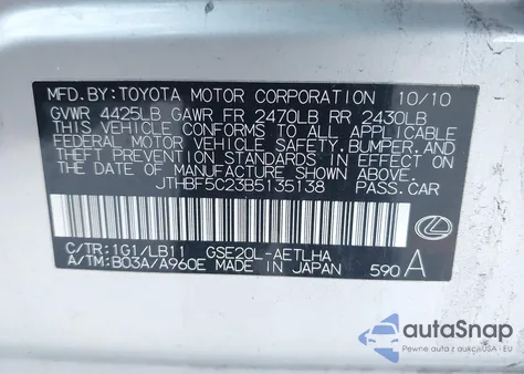 2011 Lexus Is 250 from USA, damaged, VIN JTHBF5C23B5135138